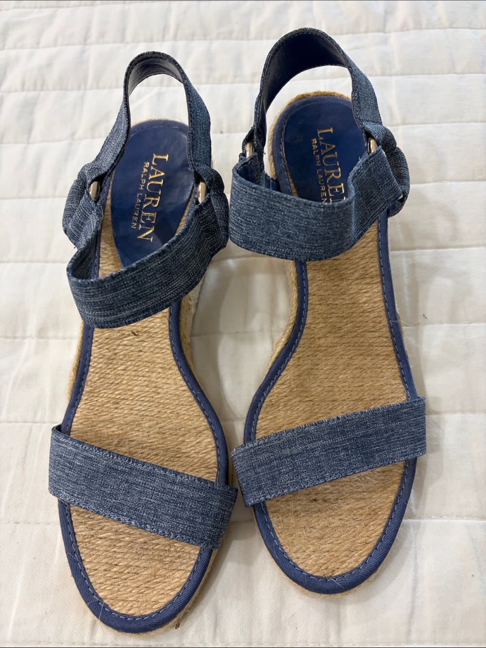 Lauren Ralph Lauren Blue Denim Two-Strap Flat Sandals